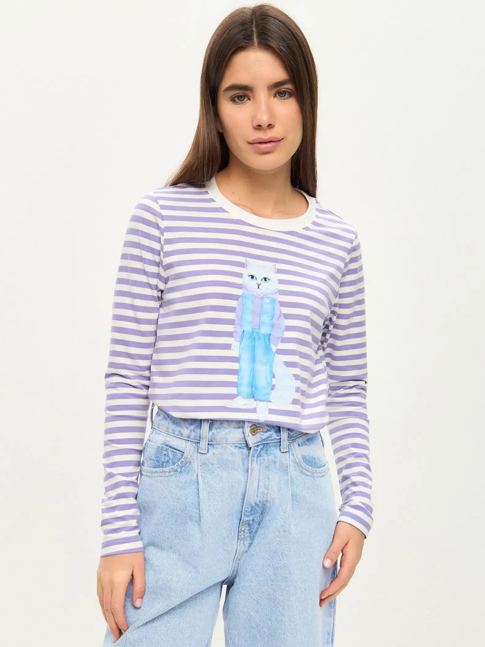 Purple Printed Longsleeve WALKING CAT - Shirt & Striped shirt
