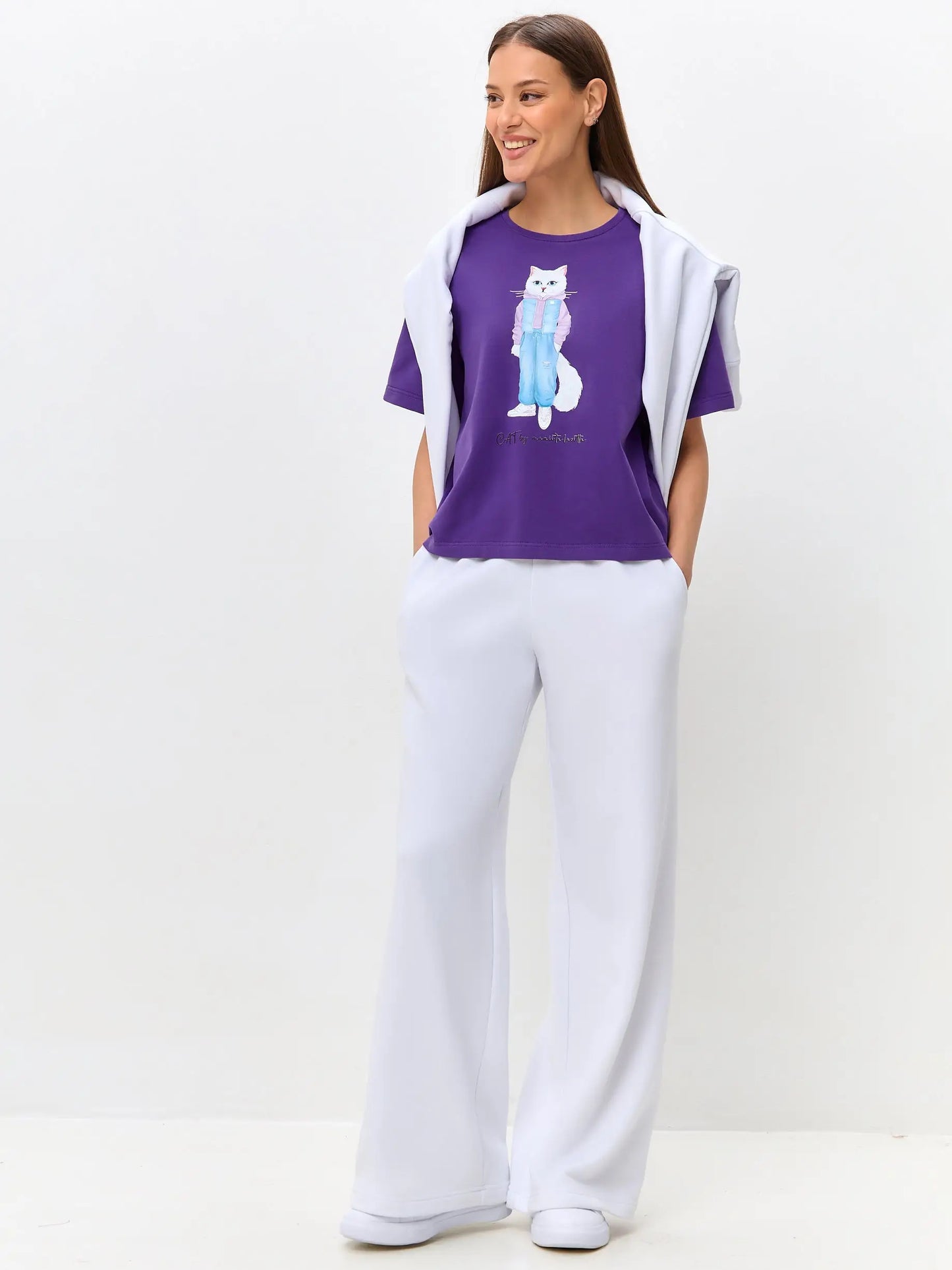 Purple t-shirt white cat walk - Funny Cat T-shirt | For Cat Lovers | CAT by maniita lacitta