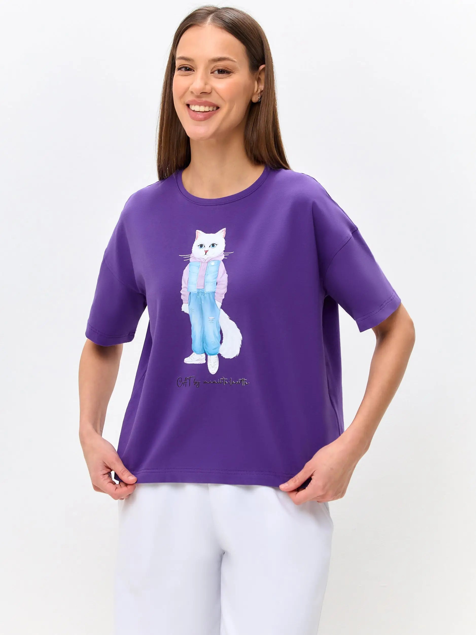 Purple t-shirt white cat walk - Funny Cat T-shirt | For Cat Lovers | CAT by maniita lacitta