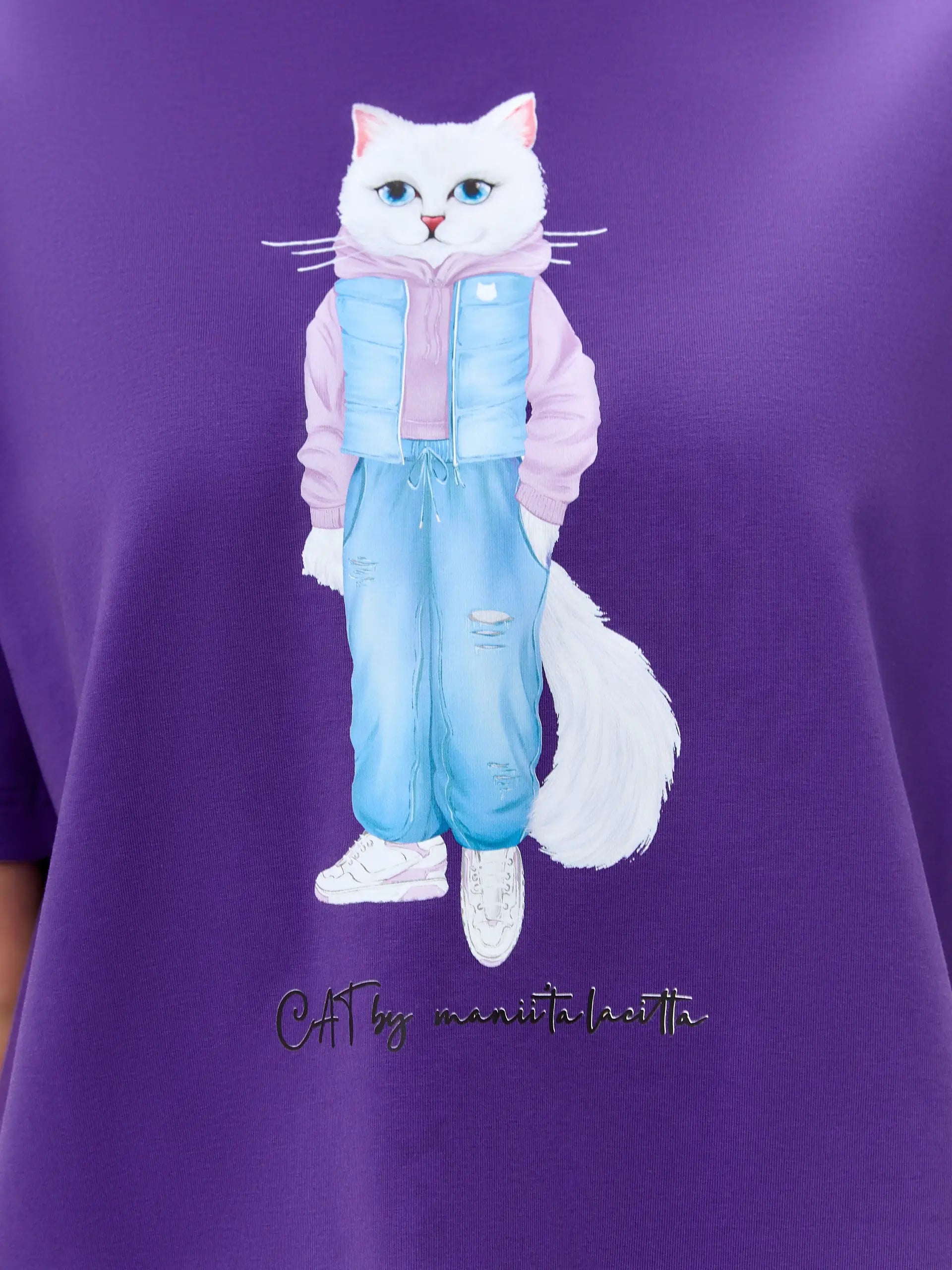 Purple t-shirt white cat walk - Funny Cat T-shirt | For Cat Lovers | CAT by maniita lacitta