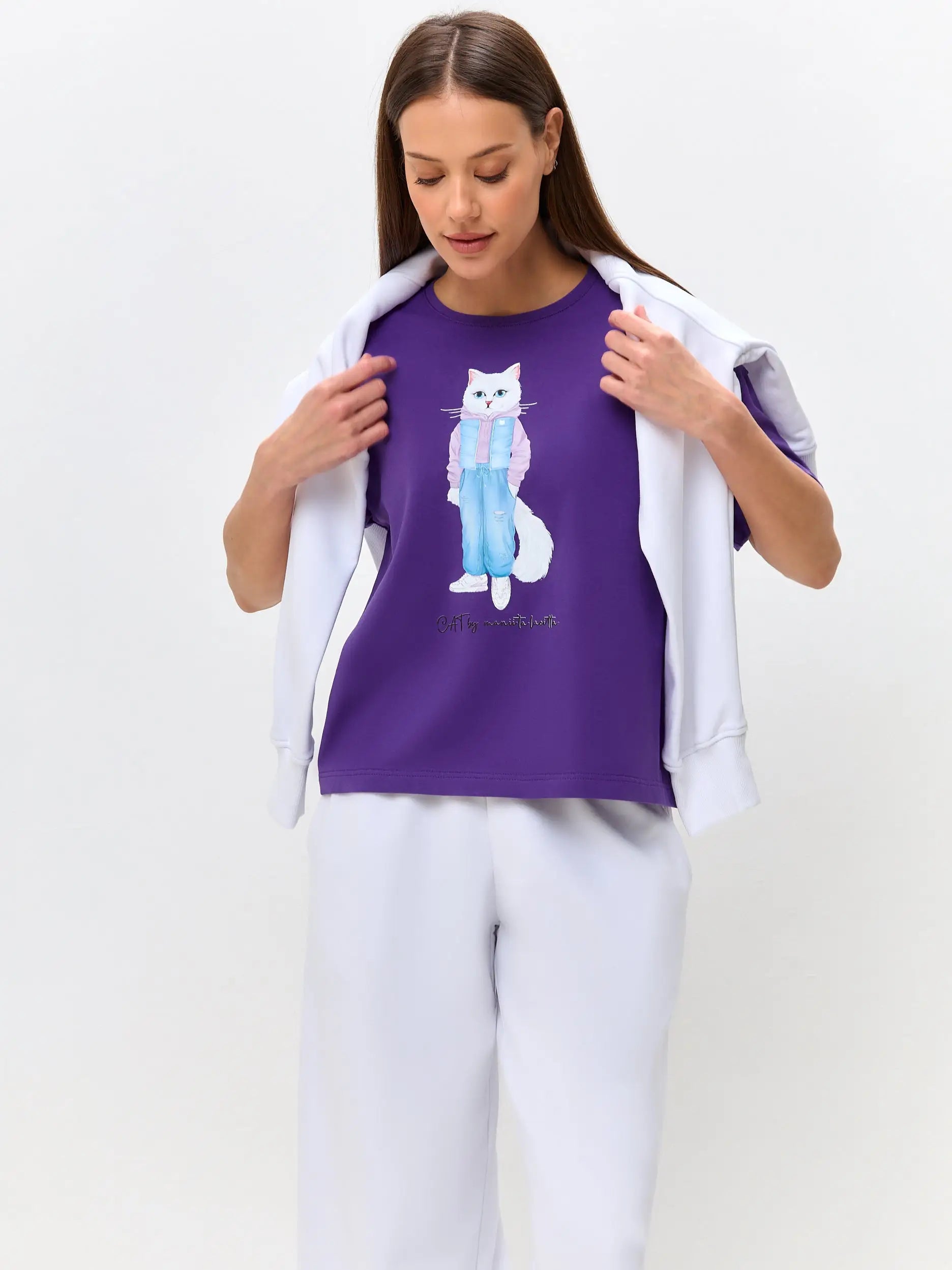 Purple t-shirt white cat walk - Funny Cat T-shirt | For Cat Lovers | CAT by maniita lacitta