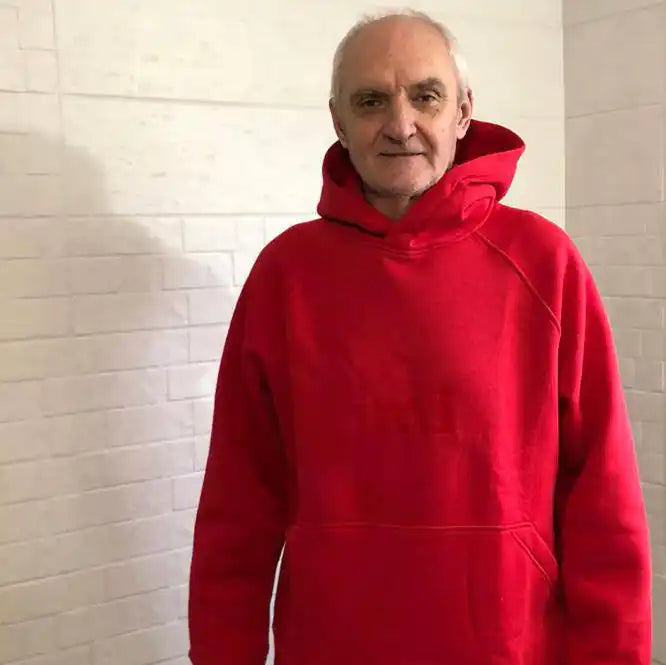 Red hooded sweatshirt.