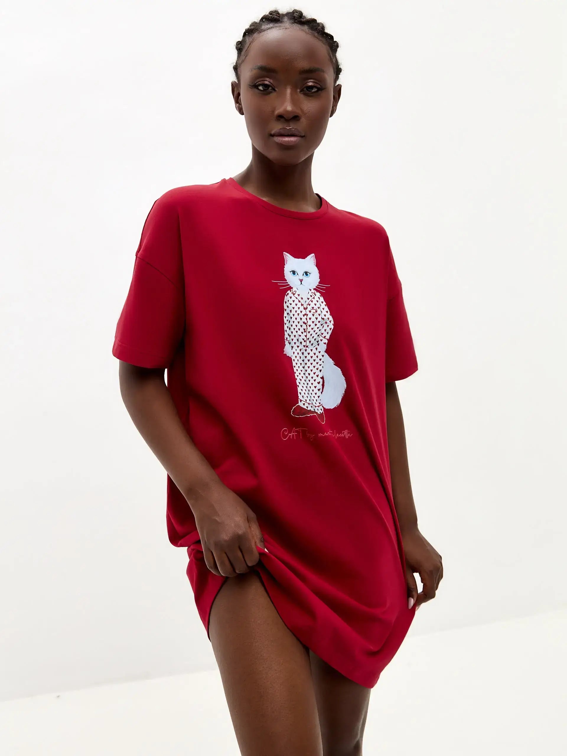 Red Printed oversized T-shirt PAJAMAS CAT - Loungewear
