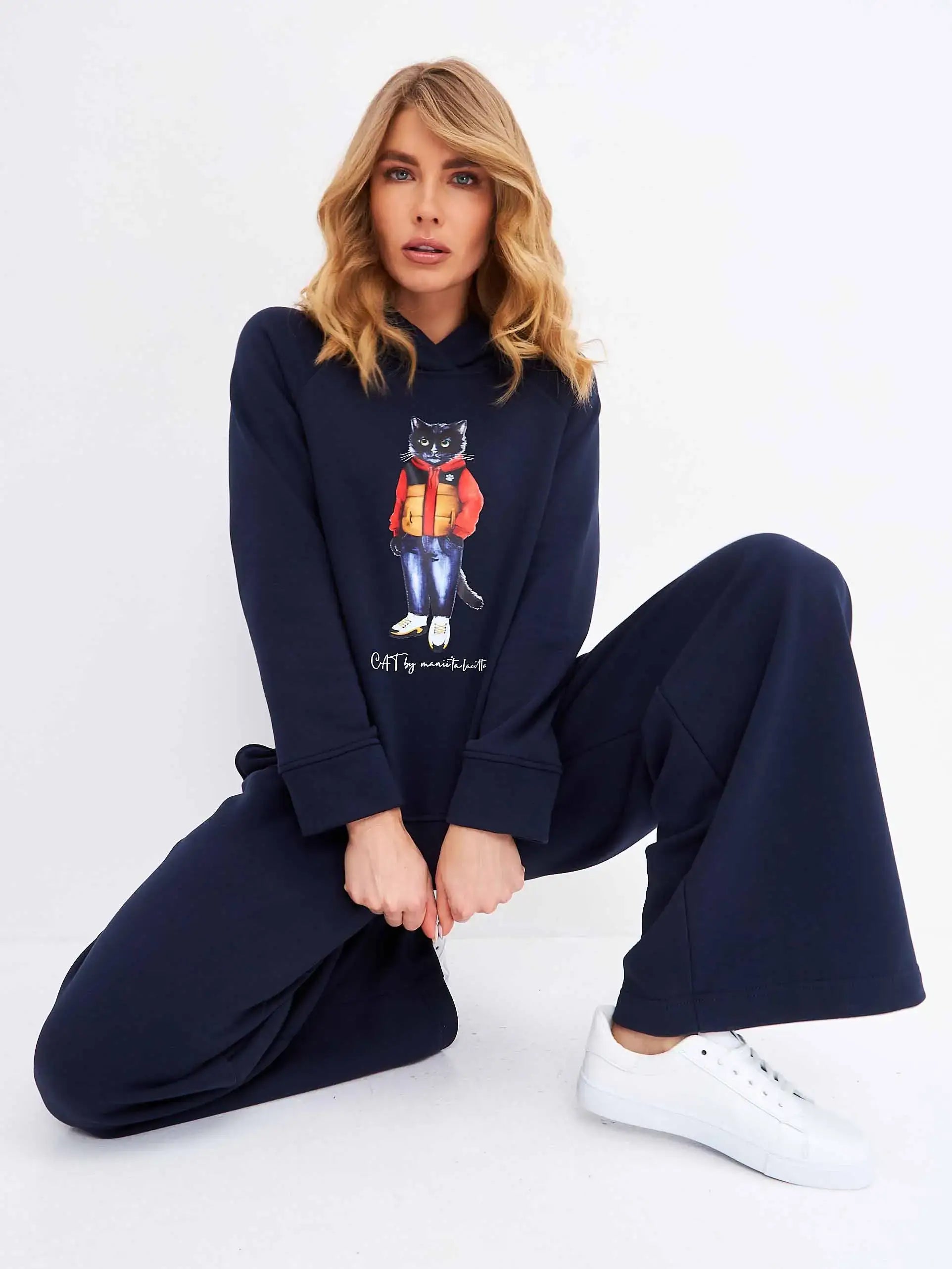 Set: sports chic suit navy with a Cat print Sport Casual Cat