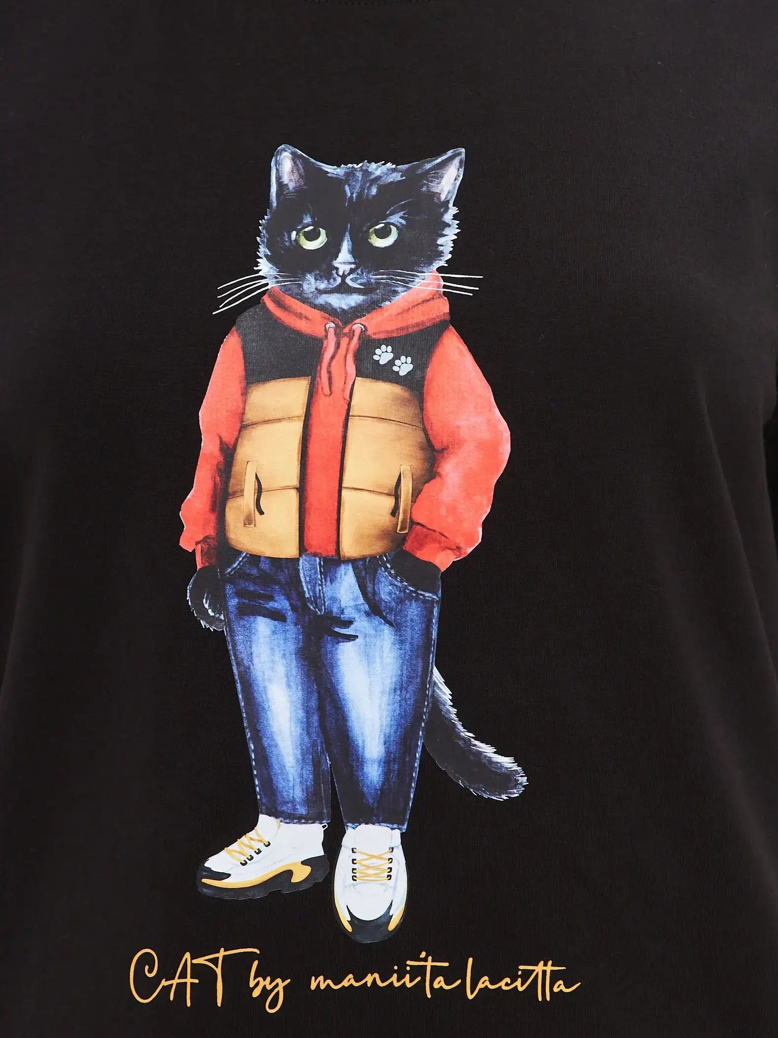 Set: women’s black t-shirt and wide-leg sweatpants with print Sport Casual Cat