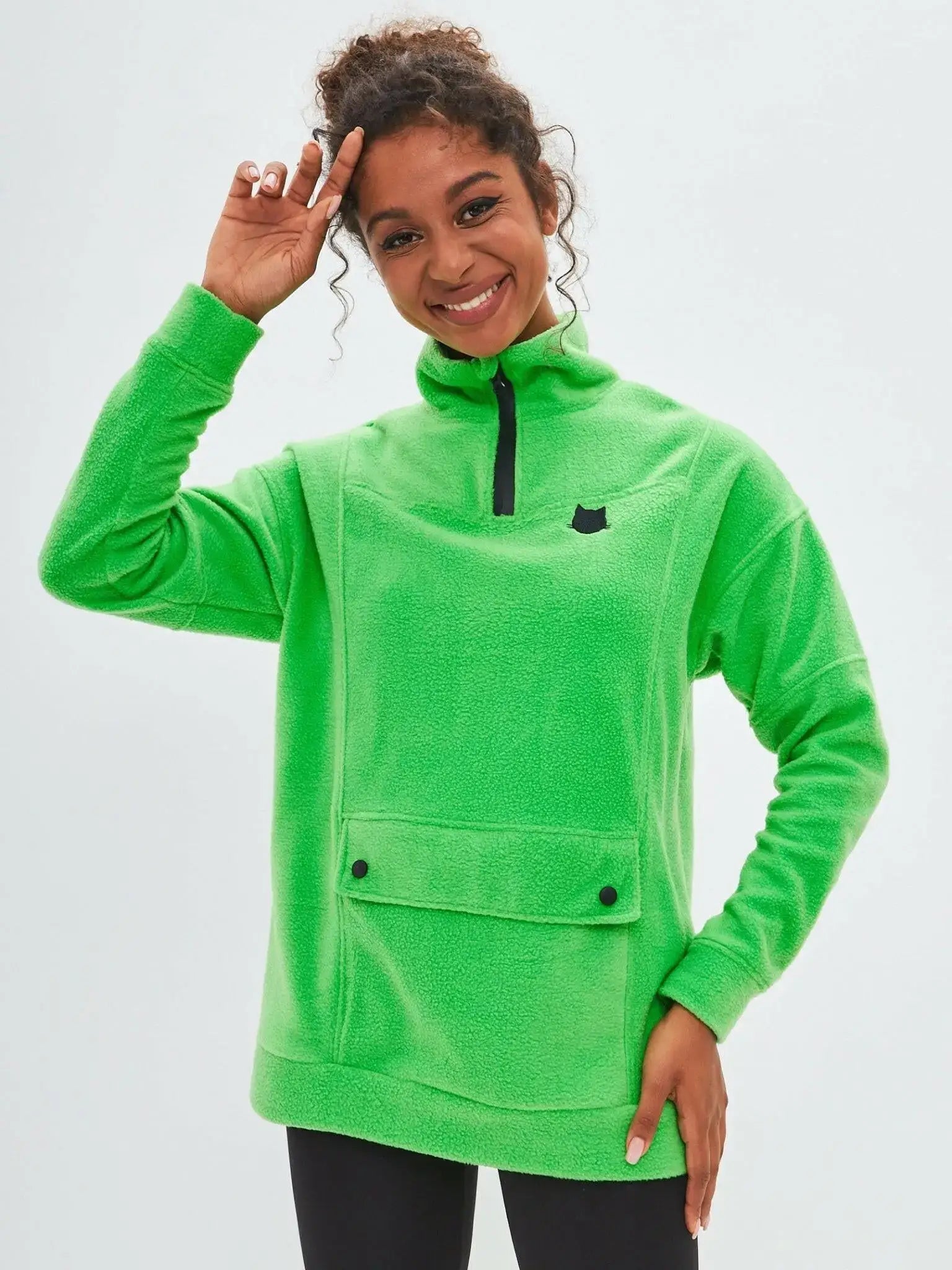 Sport set: bright green fleece sweatshirt & black women’s leggins - Funny Cat | For Cat Lovers | CAT by maniita lacitta