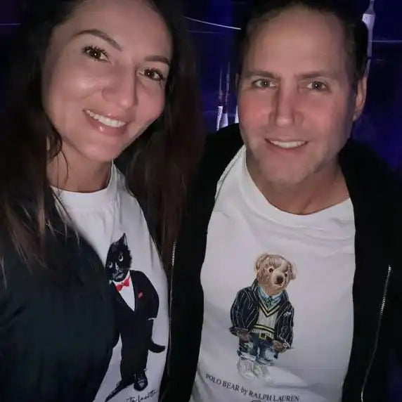 Two people wearing graphic t-shirts.