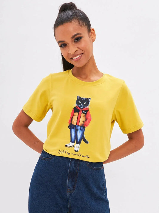 Yellow t-shirt sport casual cat - Funny Cat T-shirt | For Cat Lovers | CAT by maniita lacitta