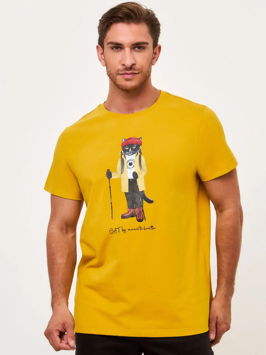 Yellow t-shirt hiking cat - Funny Cat T-shirt | For Cat Lovers | CAT by maniita lacitta